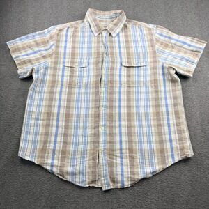 Merona Button Down Shirt Men's XXL Blue Tan Plaid Linen Blend Short Sleeve